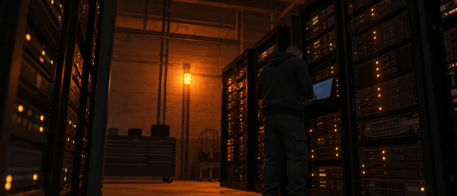 Server racks glowing in a dark warehouse room