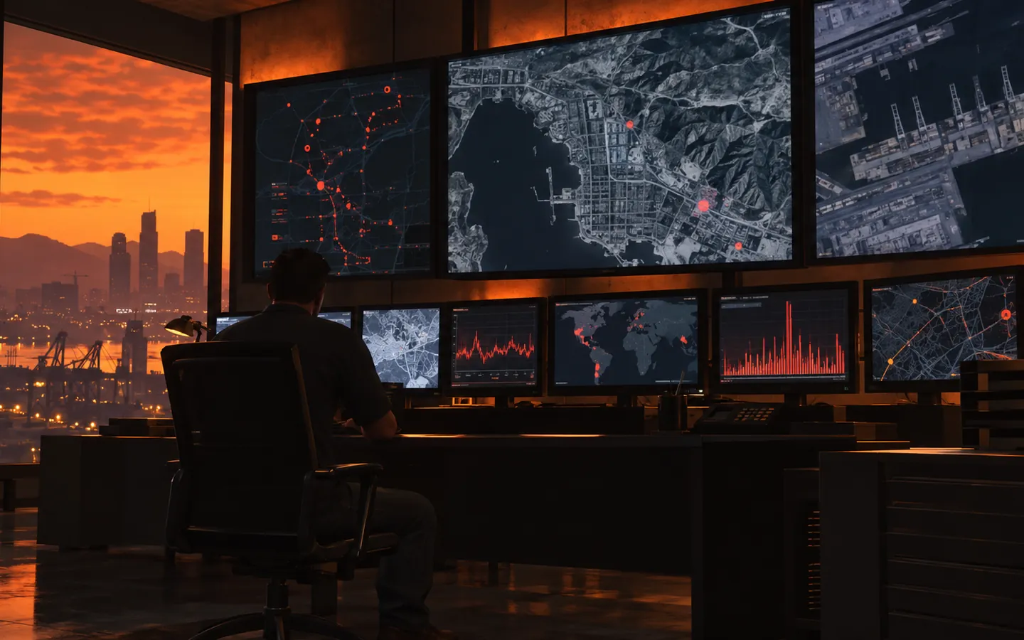 A monitoring room with a wall of screens