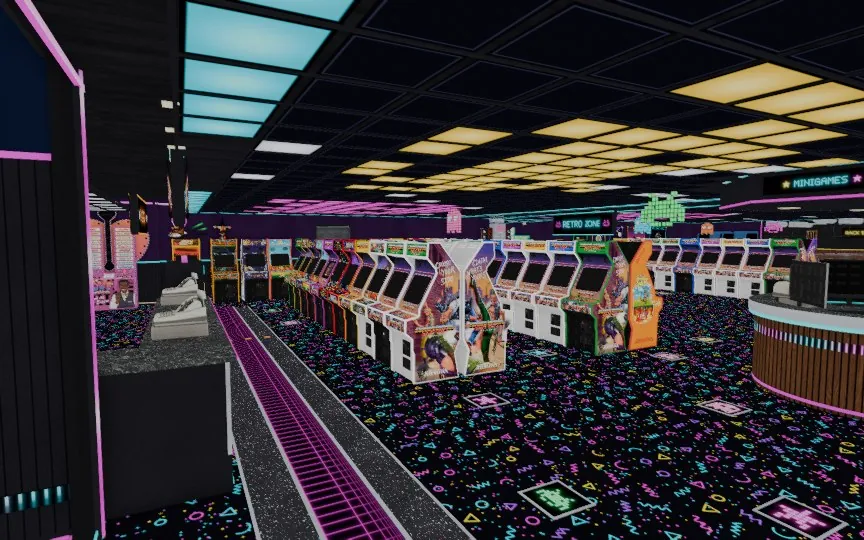 Rows of arcade cabinets under neon lights in the Eight-Bit Arcade