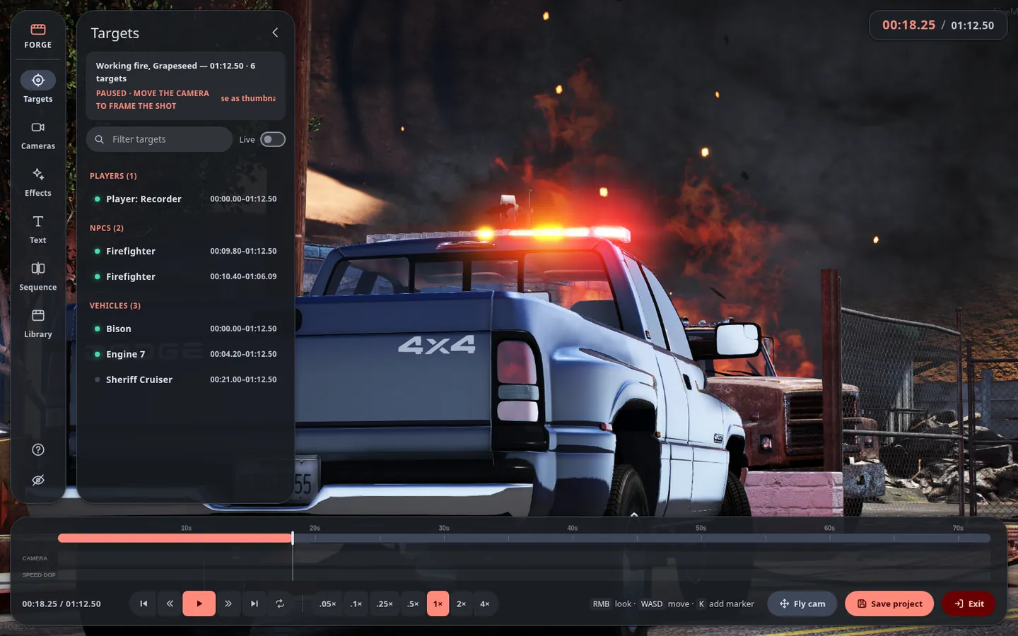 The ClipForge editor open over a working fire, with targets, cameras and a timeline