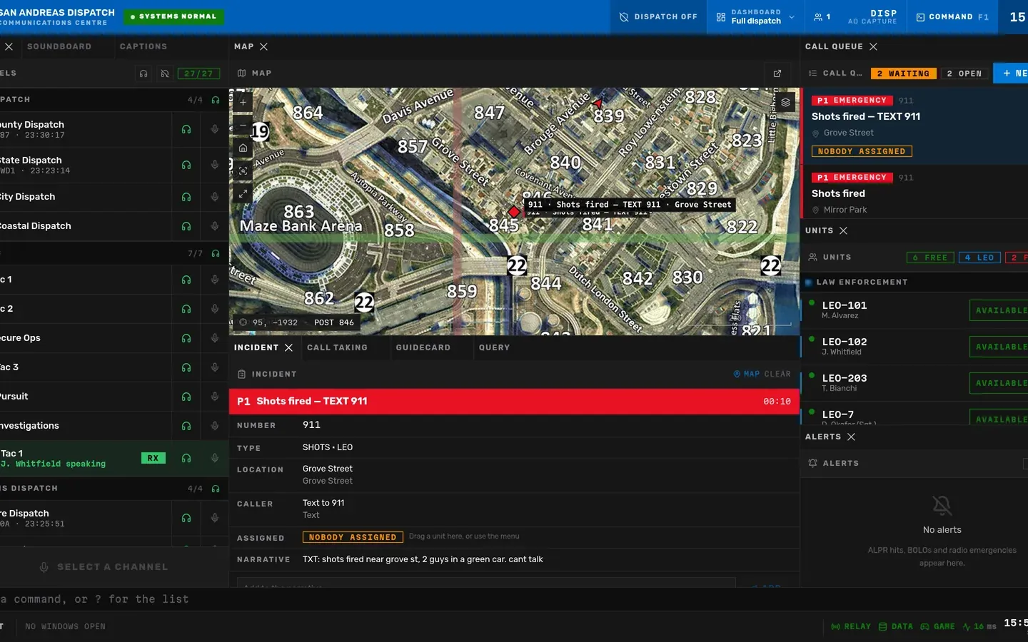 The San Andreas Dispatch console with a live map, the call queue and unit status
