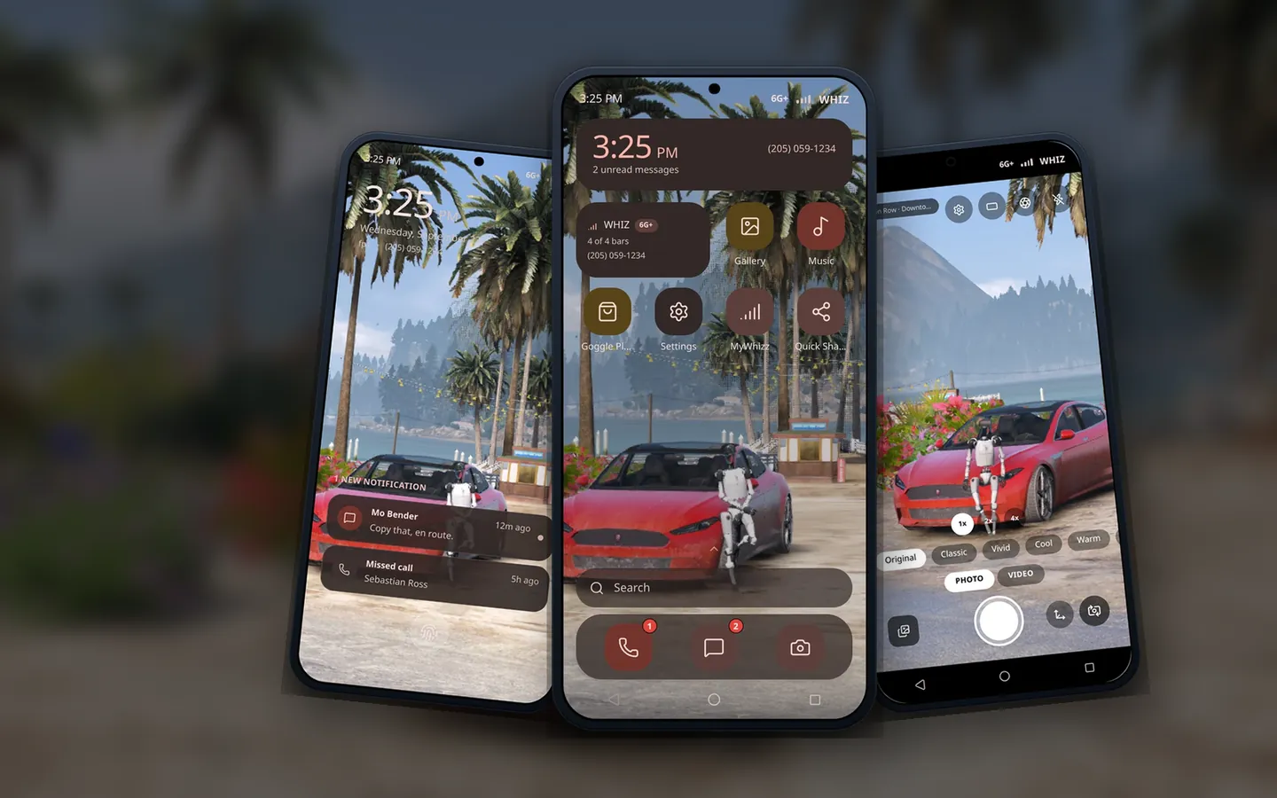 Three Flaming Phone screens: the lock screen, the home screen and the camera